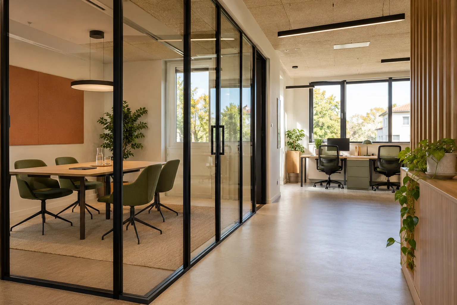 Bureaux aménagés avec salle de réunion vitrée, postes de travail et mobilier en bois.