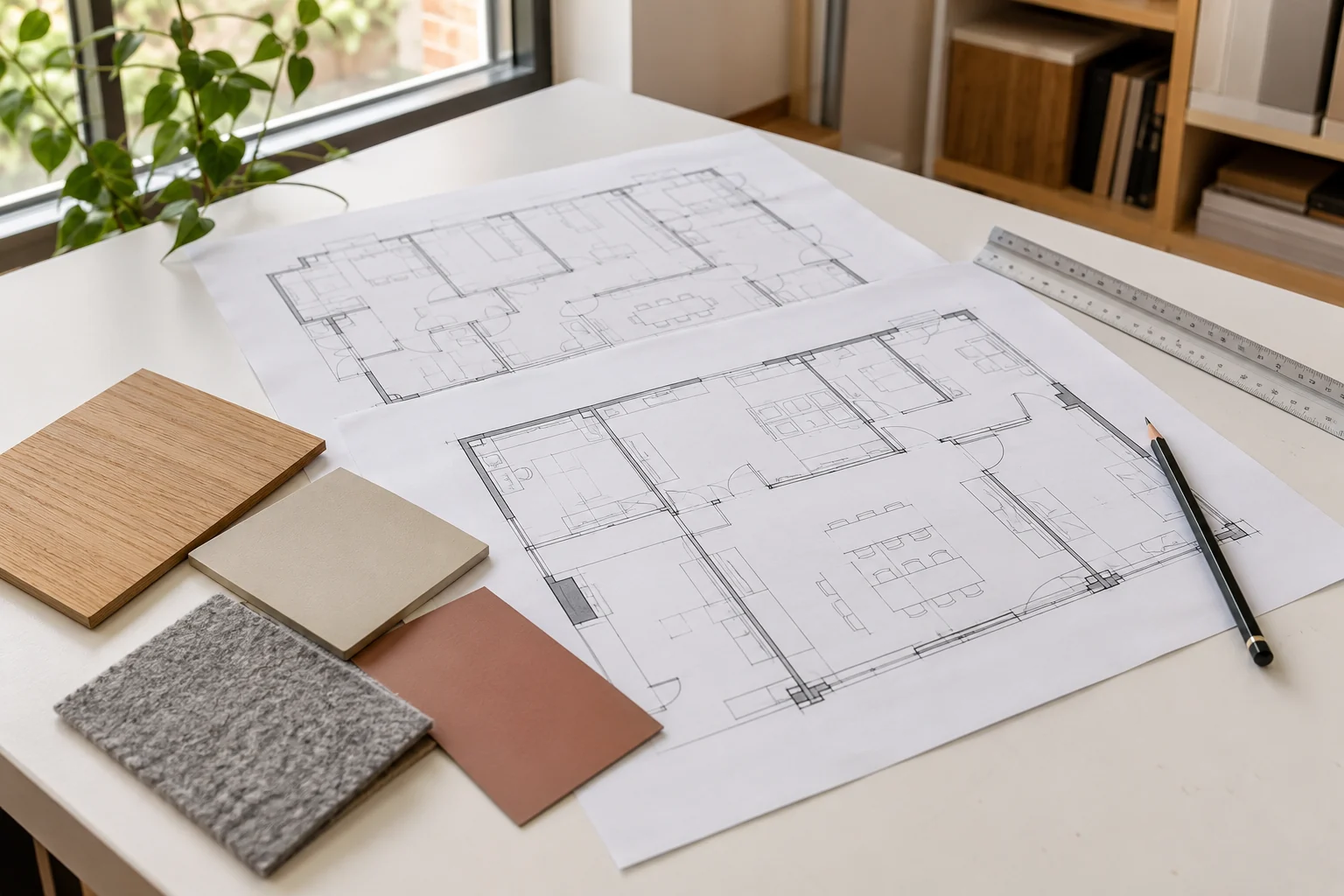 Plans d’aménagement, règle et échantillons de matériaux sur une table de travail.