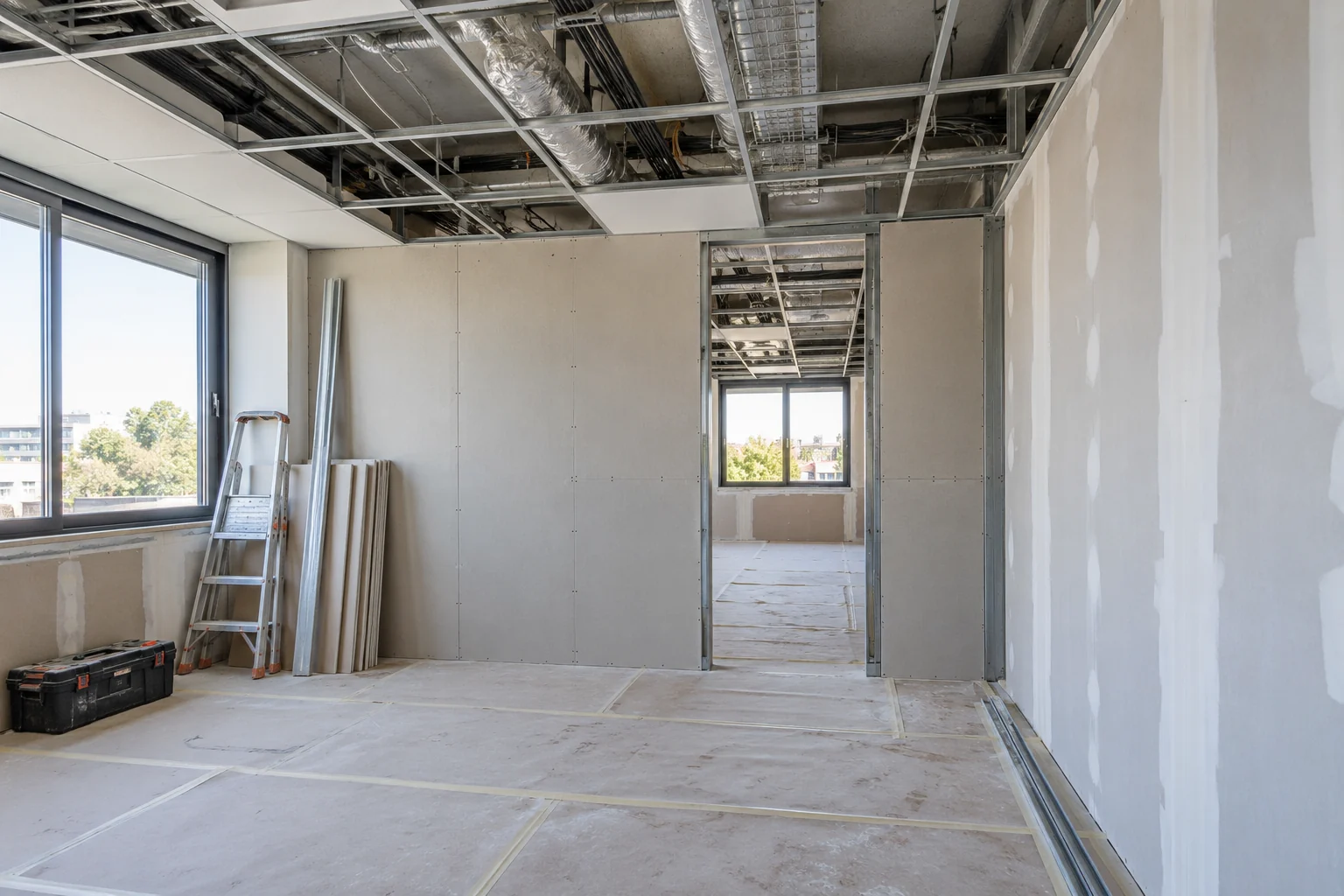 Chantier de locaux professionnels avec cloisons en plaques de plâtre et plafond en cours de pose.