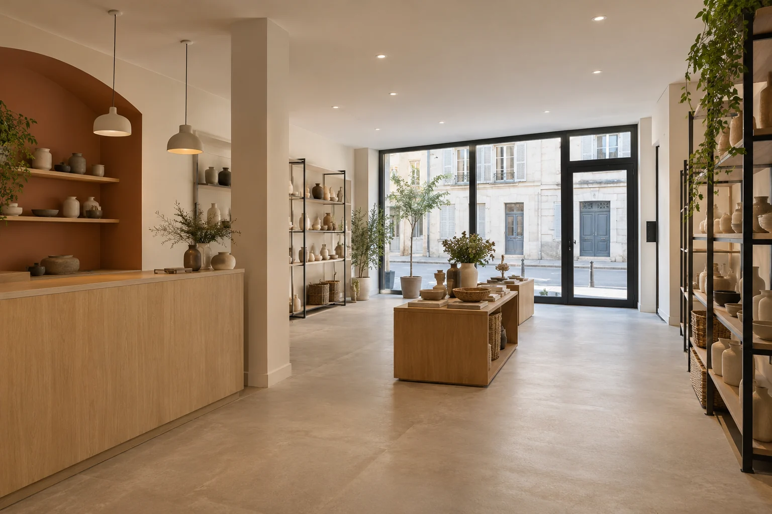 Commerce aménagé avec comptoir en bois, présentoirs et vitrine sur rue.